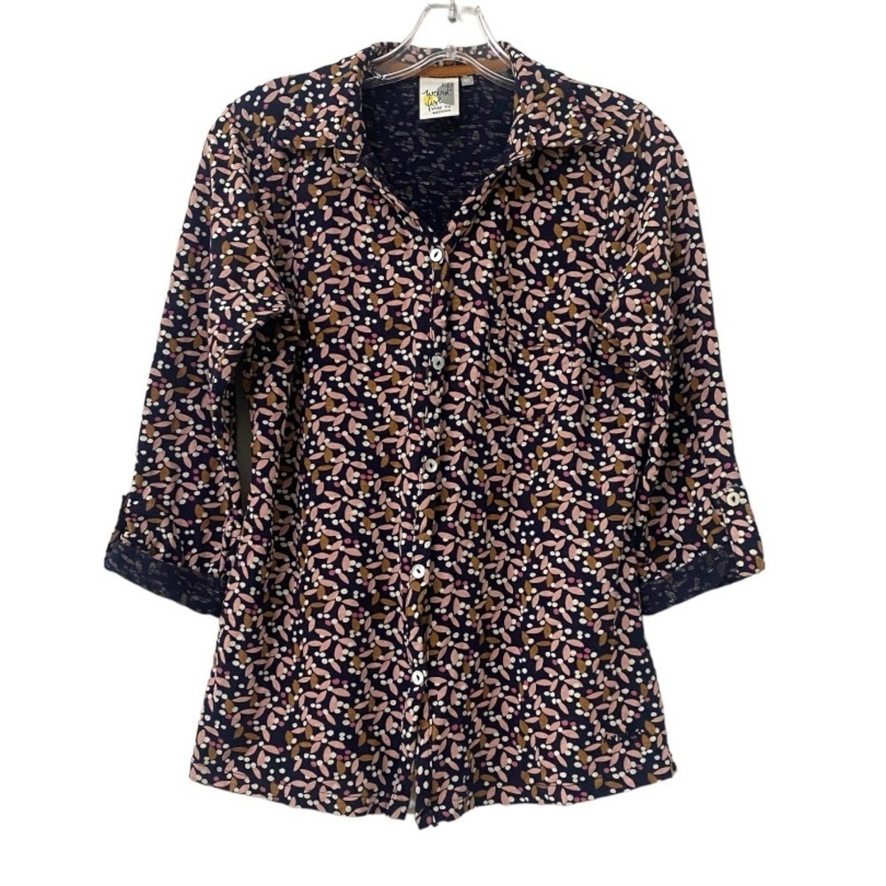 Weird Fish Ginny Organic Jersey Shirt Dark Navy Button Up 3/4 Sleeve Blouse Top